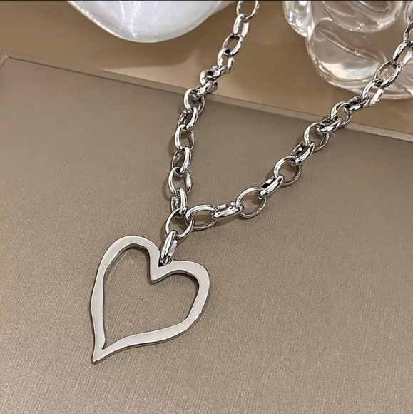 Mod Silver Heart Chain Link Chunky Necklace, Stainless Steel Heart Charm - Picture 1 of 5